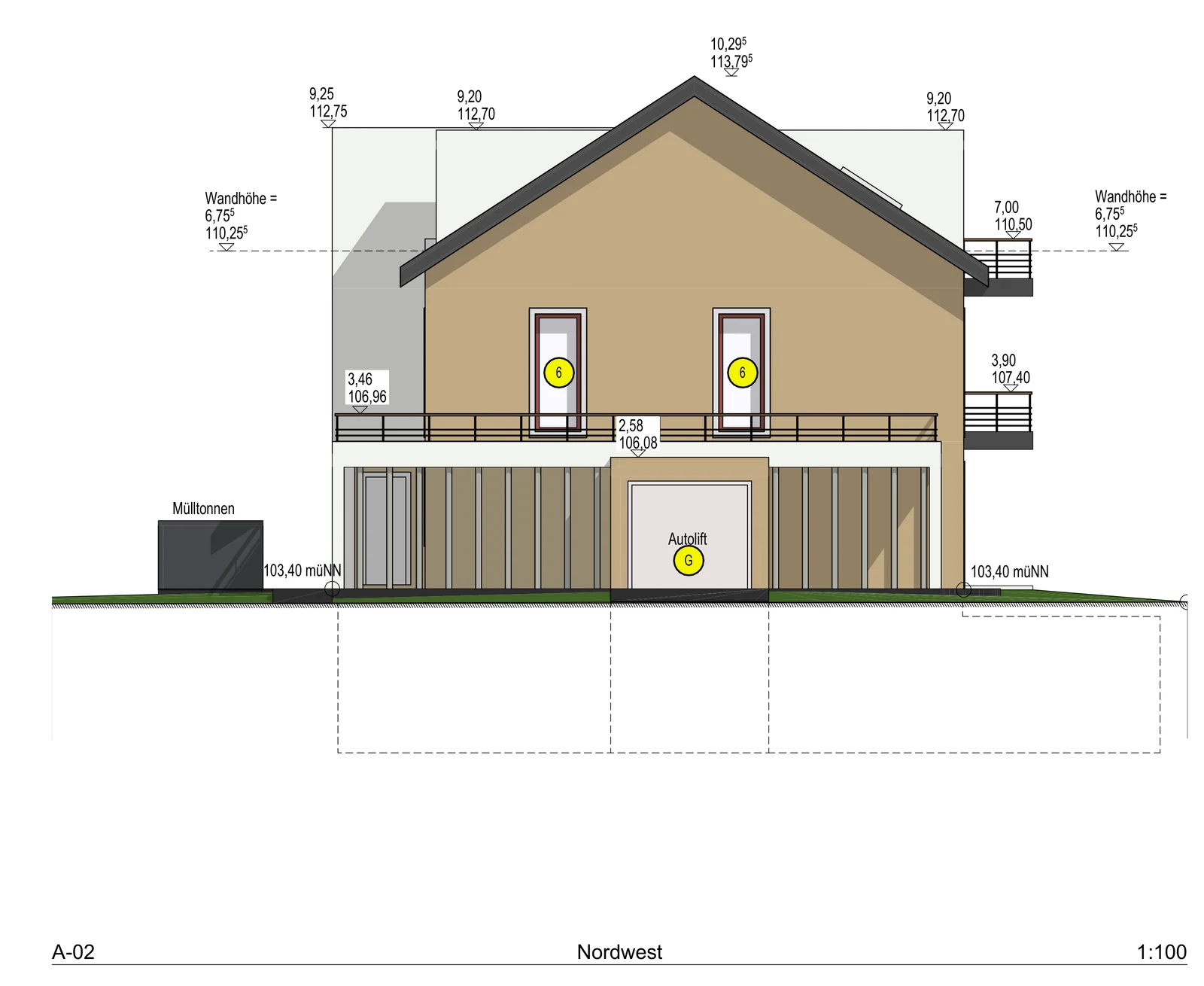 Ansichtsplan der nordwestlichen Giebelseite mit dem Autolift zur Tiefgarage und der darüberliegenden Dachterrasse.