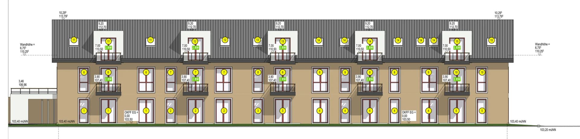 Ansichtsplan der südwestlichen Straßenfassade mit Terrassen im Erdgeschoss sowie Balkonen im Obergeschoss und Dachgeschoss.