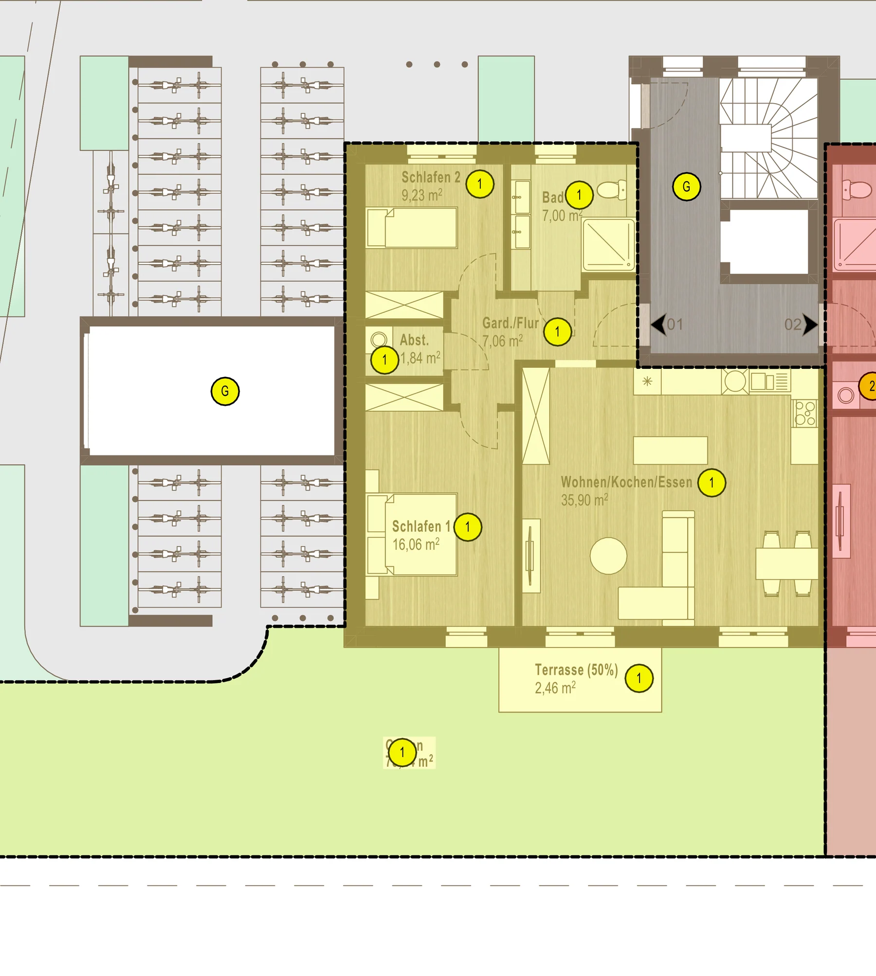 Auszug aus dem Aufteilungsplan Erdgeschoss für Wohnung 1 mit Raumbezeichnungen, Flächenangaben, Terrasse und Garten