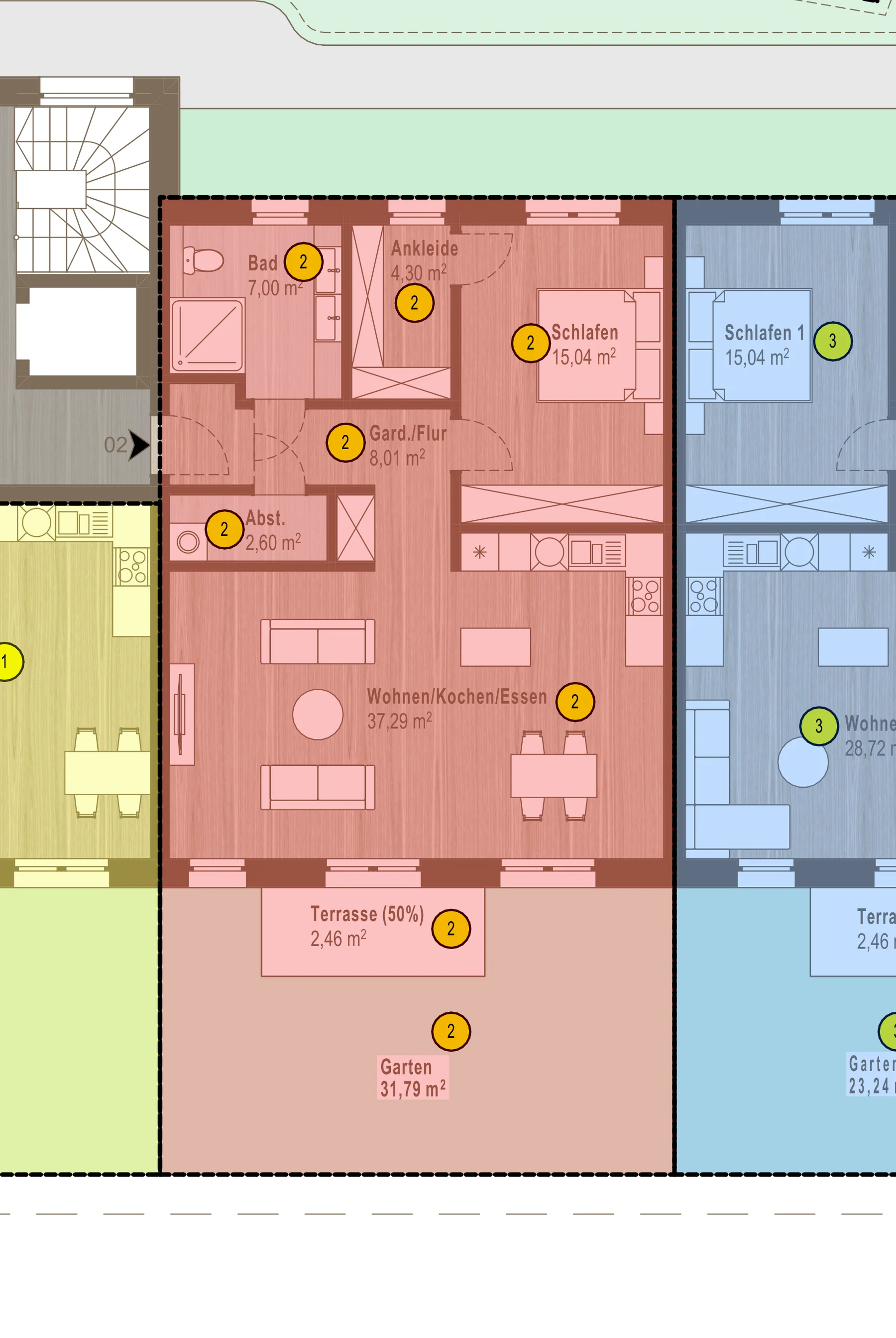 Auszug aus dem Aufteilungsplan Erdgeschoss für Wohnung 2 mit Raumbezeichnungen, Flächenangaben, Terrasse und Garten