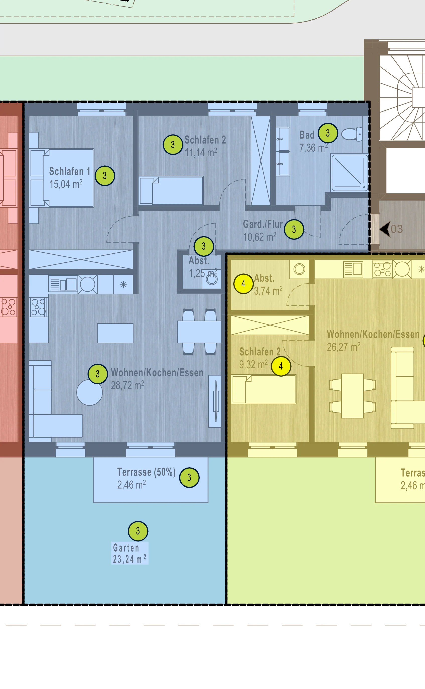 Auszug aus dem Aufteilungsplan Erdgeschoss für Wohnung 3 mit Raumbezeichnungen, Flächenangaben, Terrasse und Garten