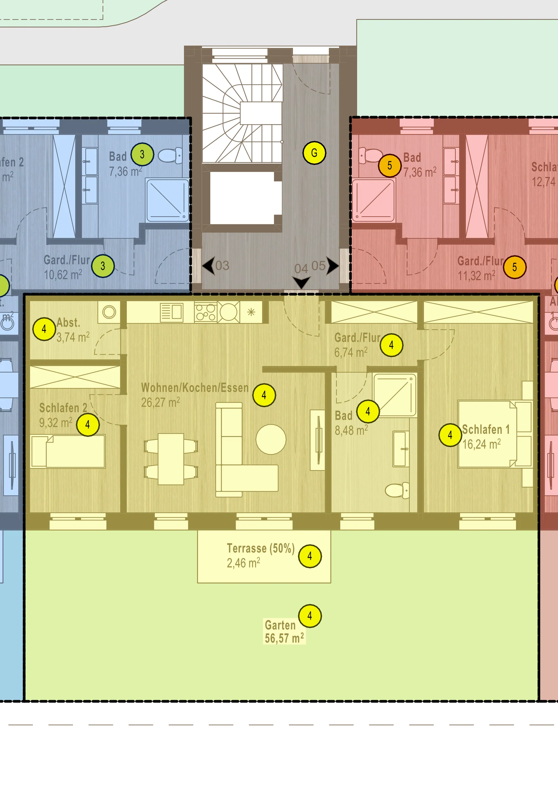 Auszug aus dem Aufteilungsplan Erdgeschoss für Wohnung 4 mit Raumbezeichnungen, Flächenangaben, Terrasse und Garten