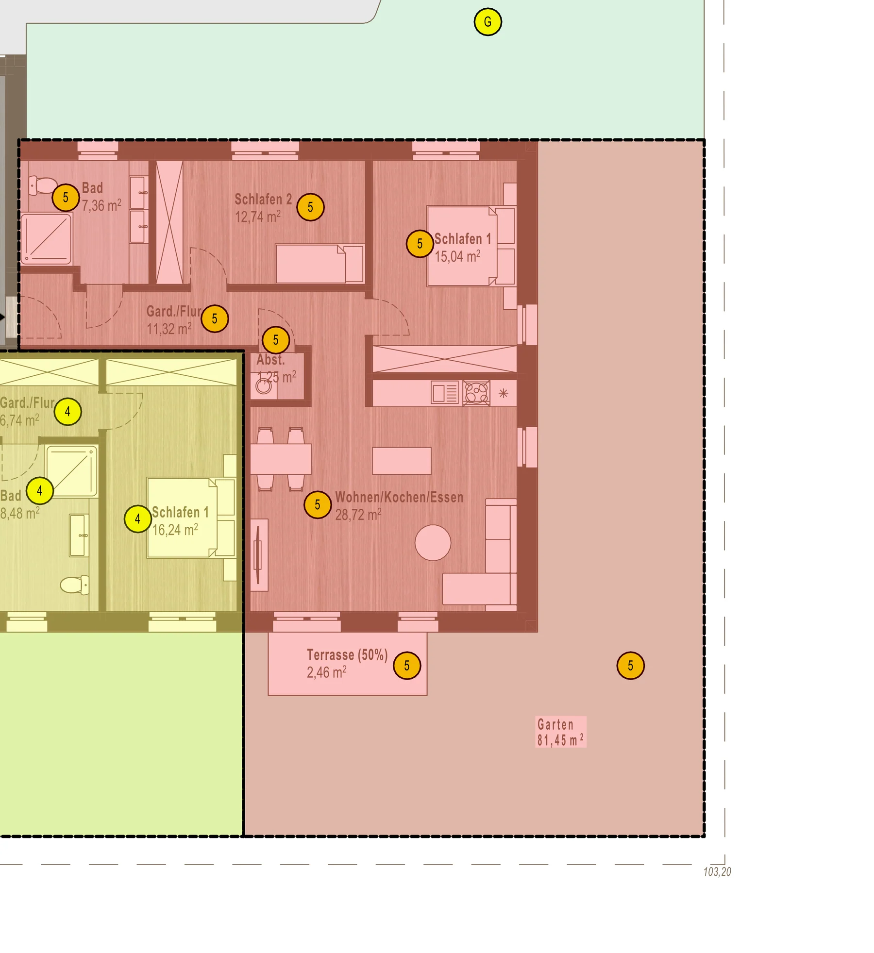 Auszug aus dem Aufteilungsplan Erdgeschoss für Wohnung 5 mit Raumbezeichnungen, Flächenangaben, Terrasse und Garten