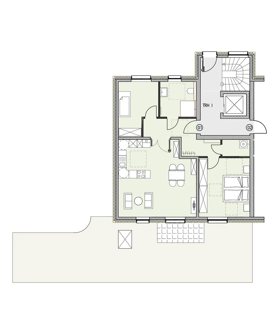 Grundriss der Wohnung 1 im Erdgeschoss mit Raumbezeichnungen und Flächenangaben