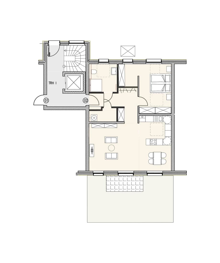 Grundriss der Wohnung 2 im Erdgeschoss mit Raumbezeichnungen und Flächenangaben