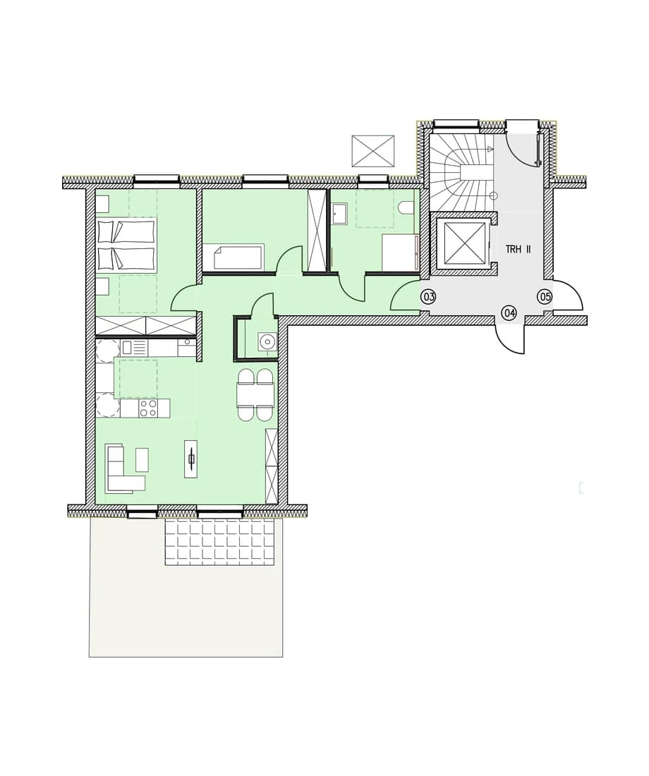Grundriss der Wohnung 3 im Erdgeschoss mit Raumbezeichnungen und Flächenangaben