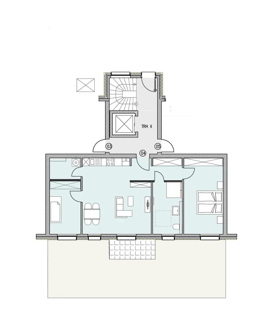 Grundriss der Wohnung 4 im Erdgeschoss mit Raumbezeichnungen und Flächenangaben