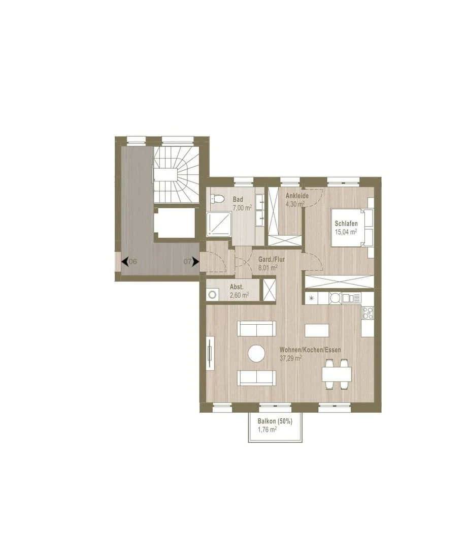 Grundriss der Wohnung 7 im 1. Obergeschoss mit Raumbezeichnungen und Flächenangaben