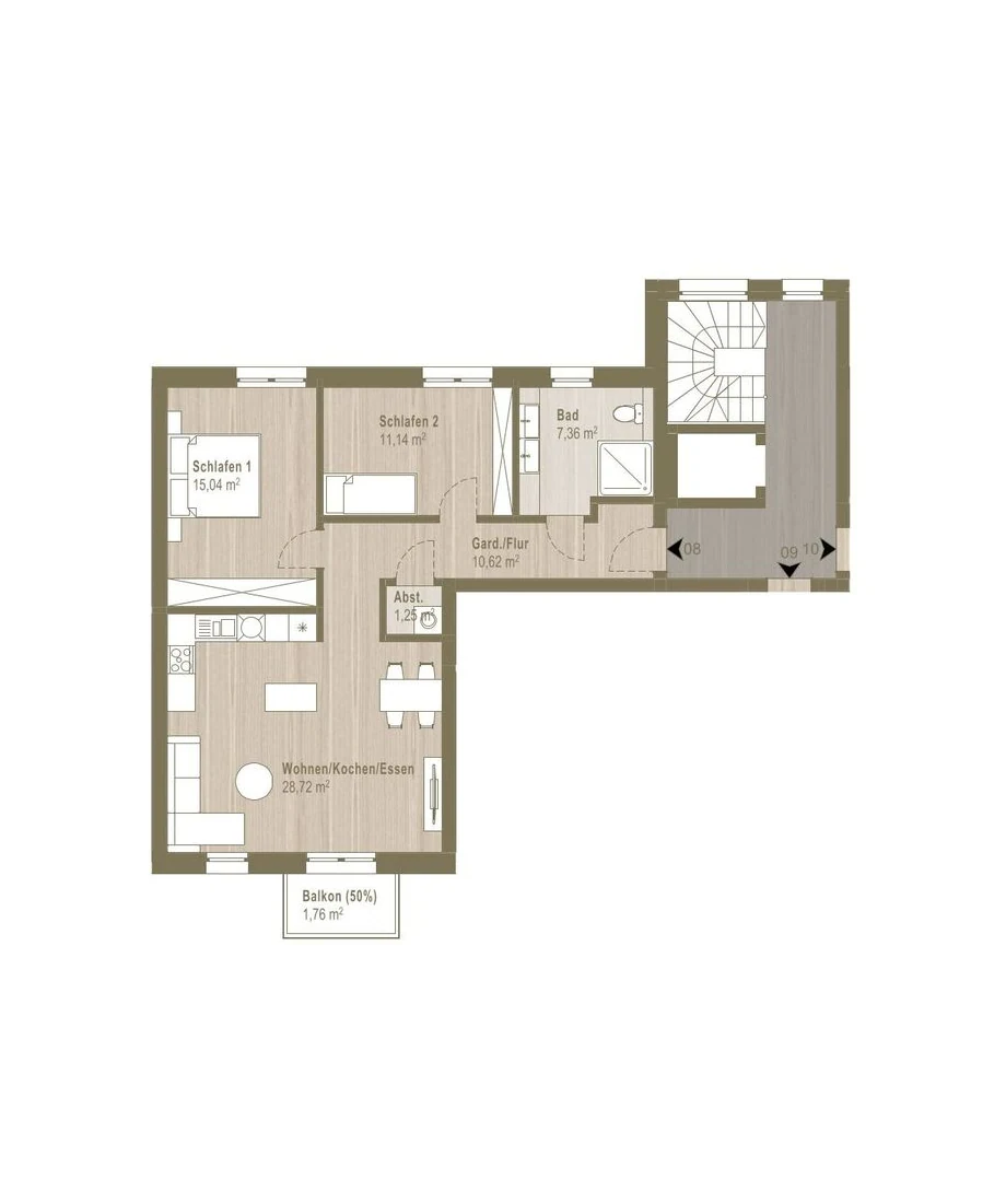 Grundriss der Wohnung 8 im 1. Obergeschoss mit Raumbezeichnungen und Flächenangaben