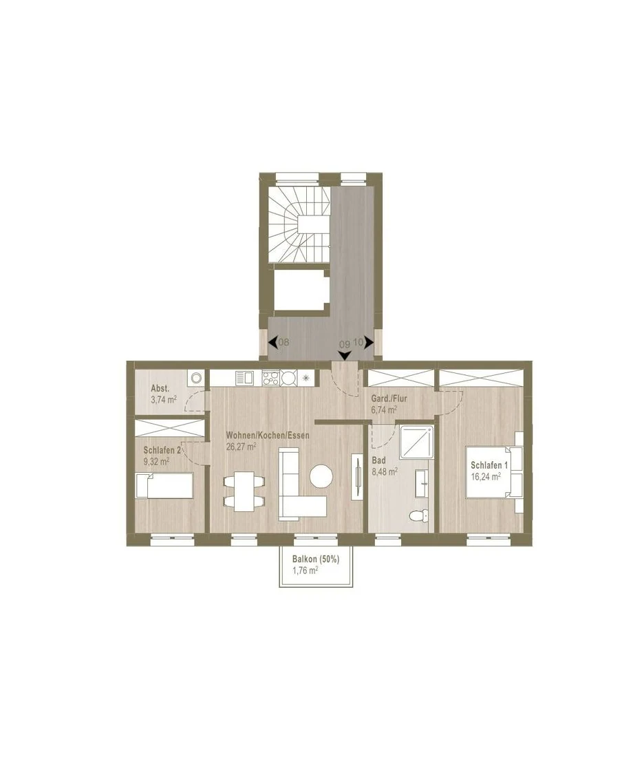 Grundriss der Wohnung 9 im 1. Obergeschoss mit Raumbezeichnungen und Flächenangaben
