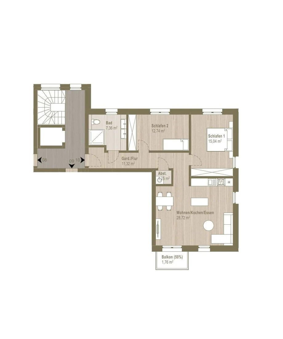 Grundriss der Wohnung 10 im 1. Obergeschoss mit Raumbezeichnungen und Flächenangaben