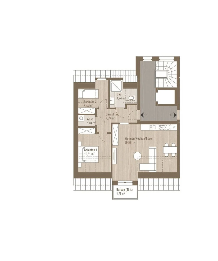 Grundriss der Wohnung 11 im Dachgeschoss mit Raumbezeichnungen und Flächenangaben